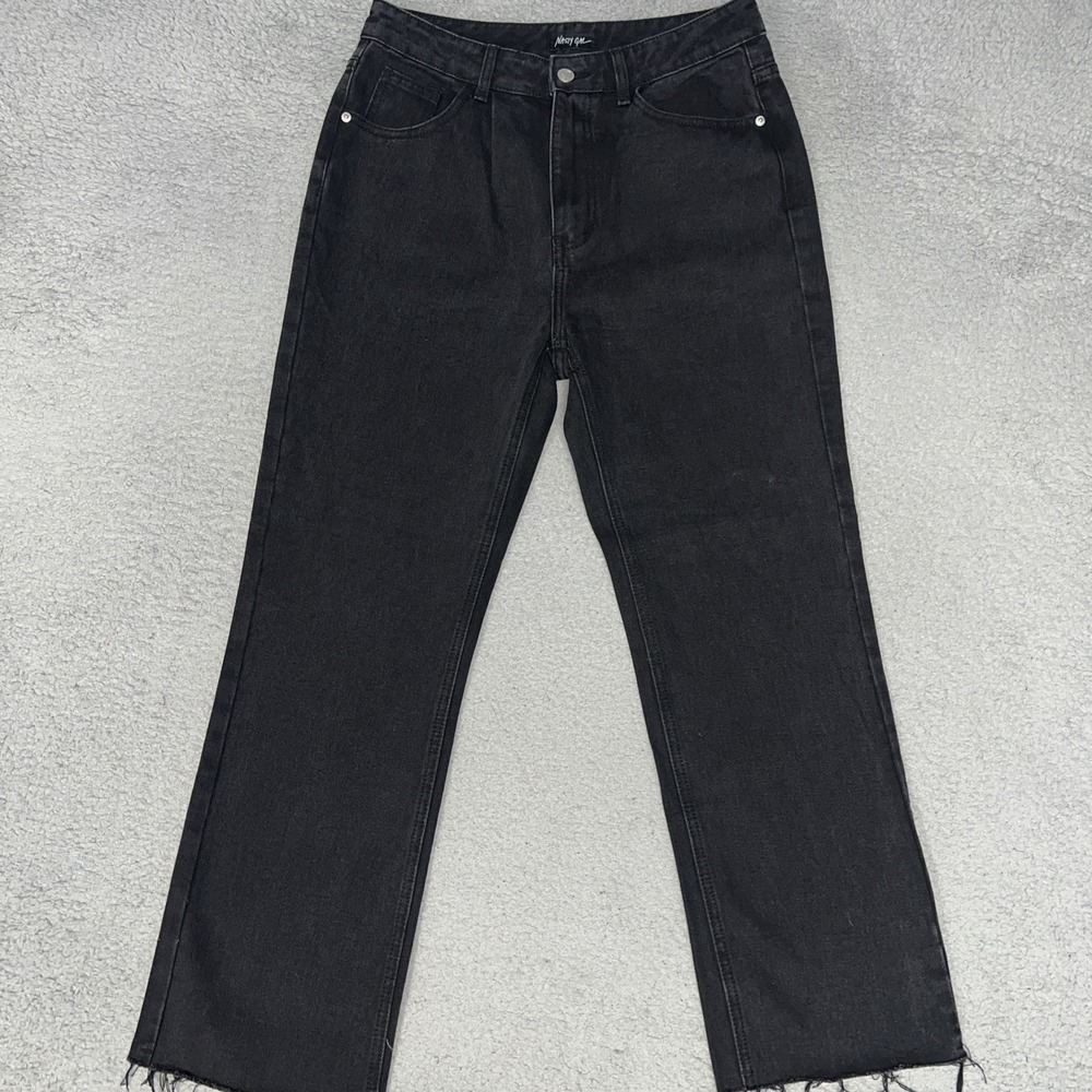 Nasty Gal Jeans Women's Sz 6 (29x27) Black Denim High Rise Frayed Hem Straight